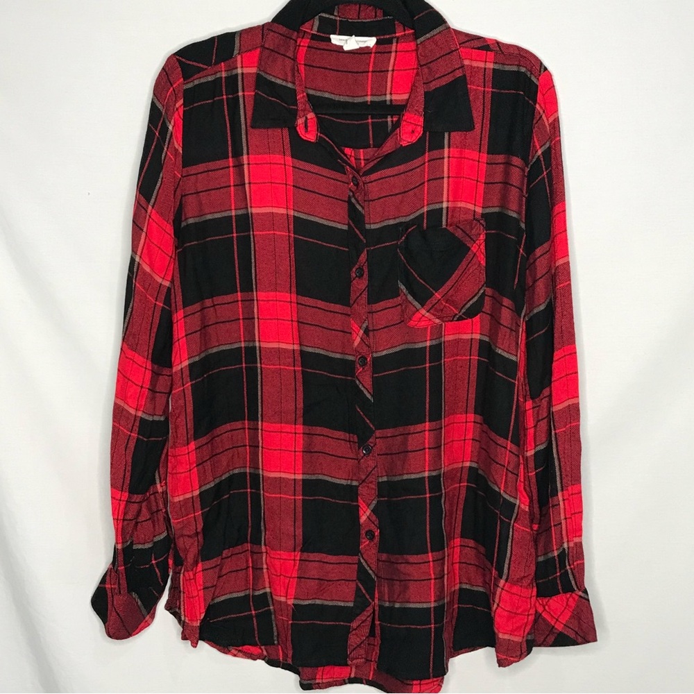 Beachlunchlounge Red Black Plaid Button‎ Front Tunic Top Women's Sz Large GUC